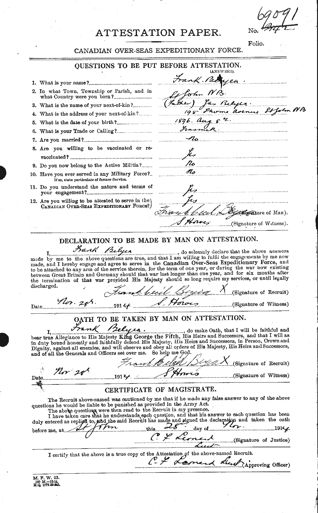 Dossiers du Personnel de la Première Guerre mondiale - CEC 237502a