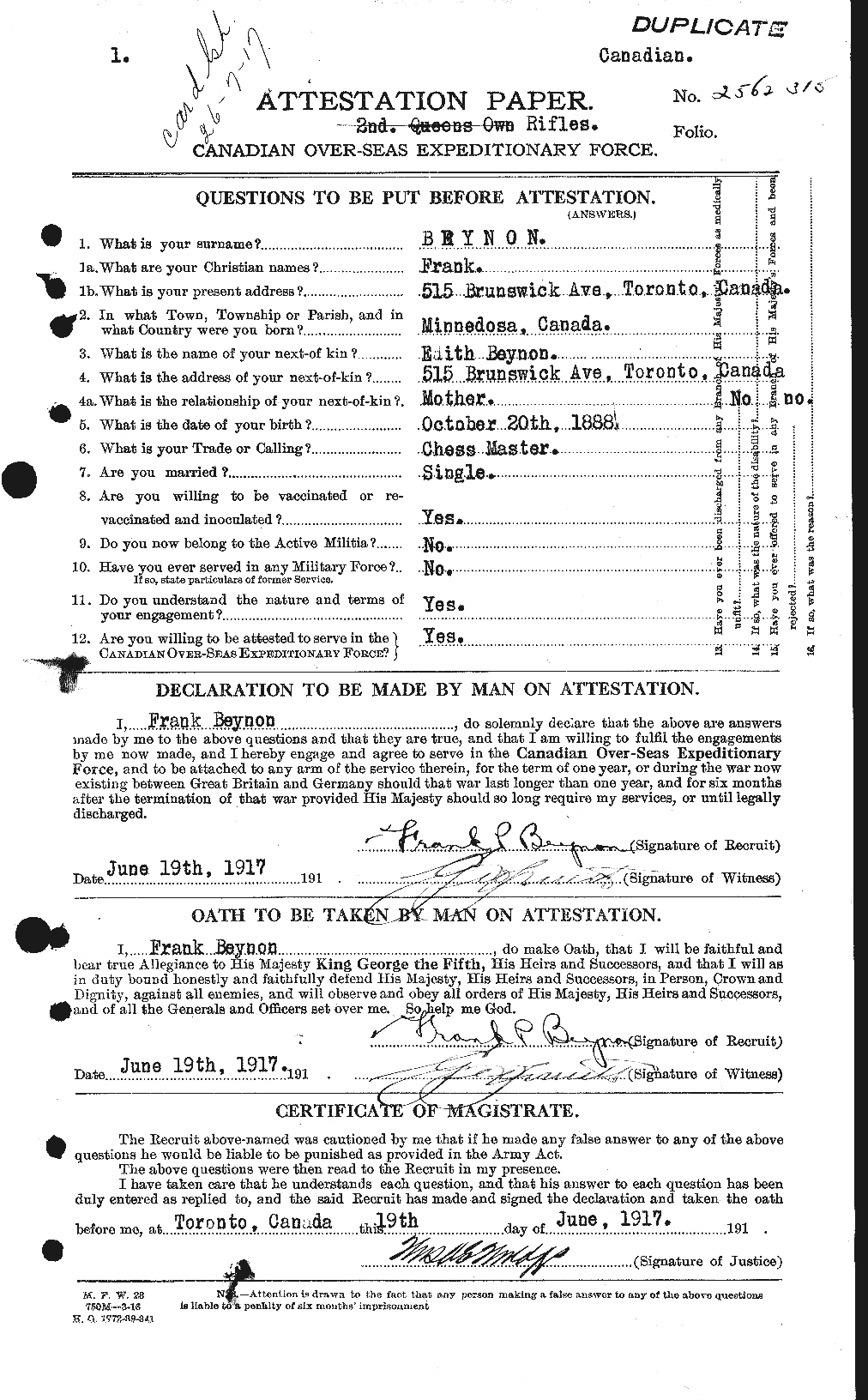 Dossiers du Personnel de la Première Guerre mondiale - CEC 237507a