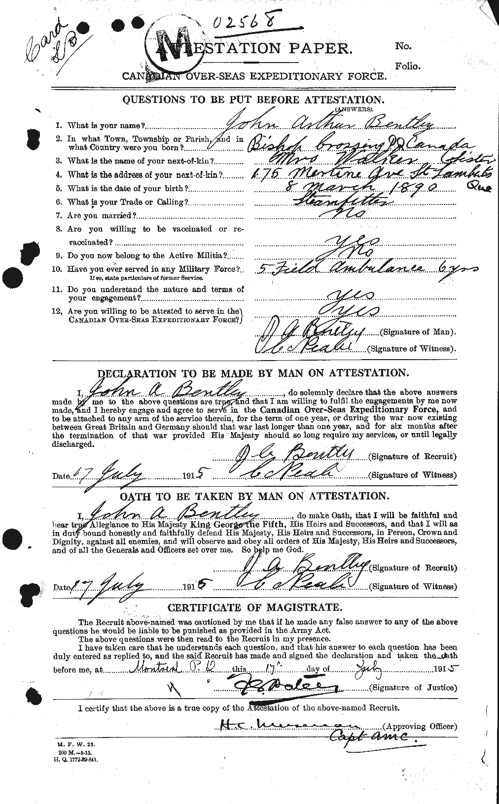 Dossiers du Personnel de la Première Guerre mondiale - CEC 237877a