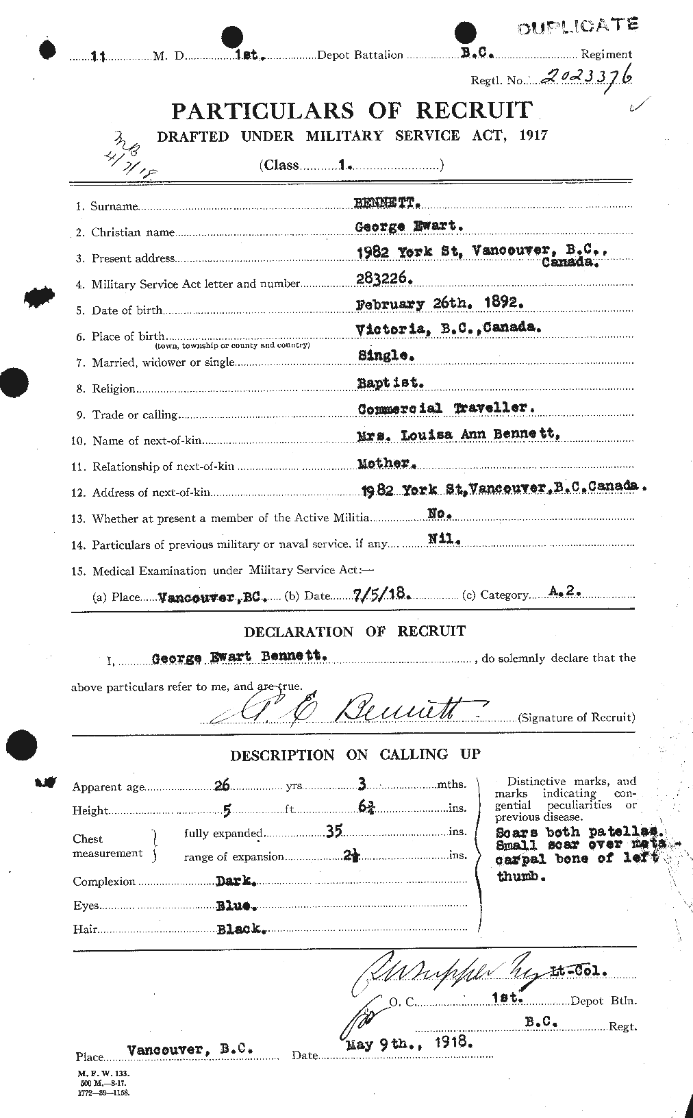 Dossiers du Personnel de la Première Guerre mondiale - CEC 238408a