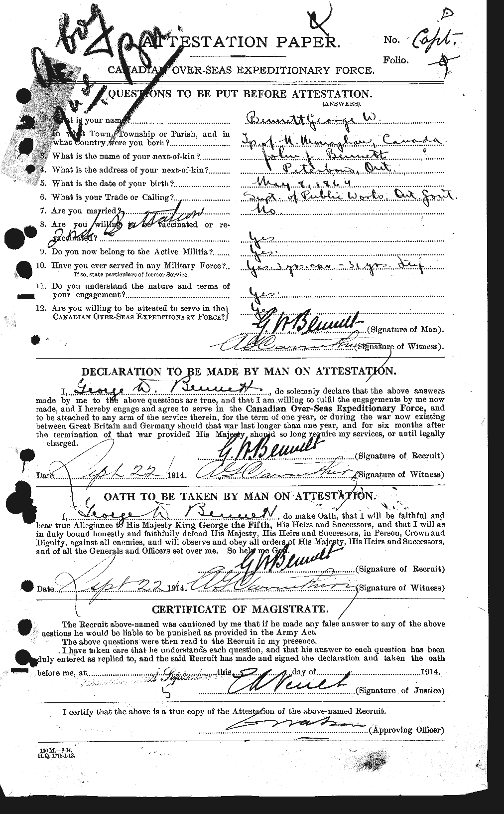 Dossiers du Personnel de la Première Guerre mondiale - CEC 238424a