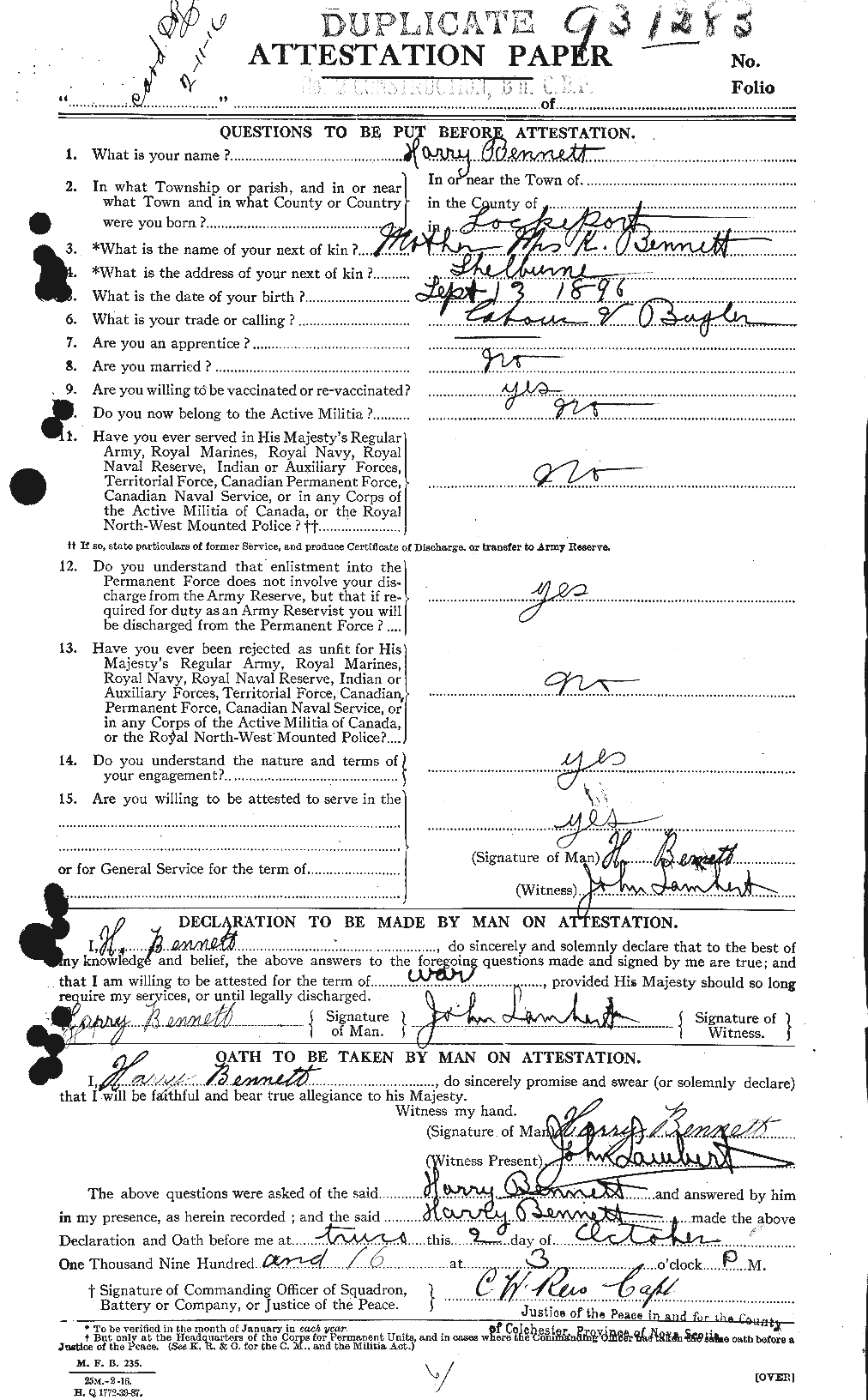 Dossiers du Personnel de la Première Guerre mondiale - CEC 238455a