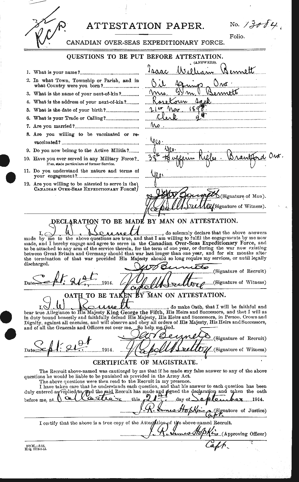 Dossiers du Personnel de la Première Guerre mondiale - CEC 238519a