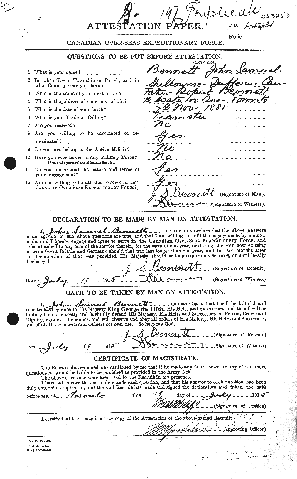 Dossiers du Personnel de la Première Guerre mondiale - CEC 238615a