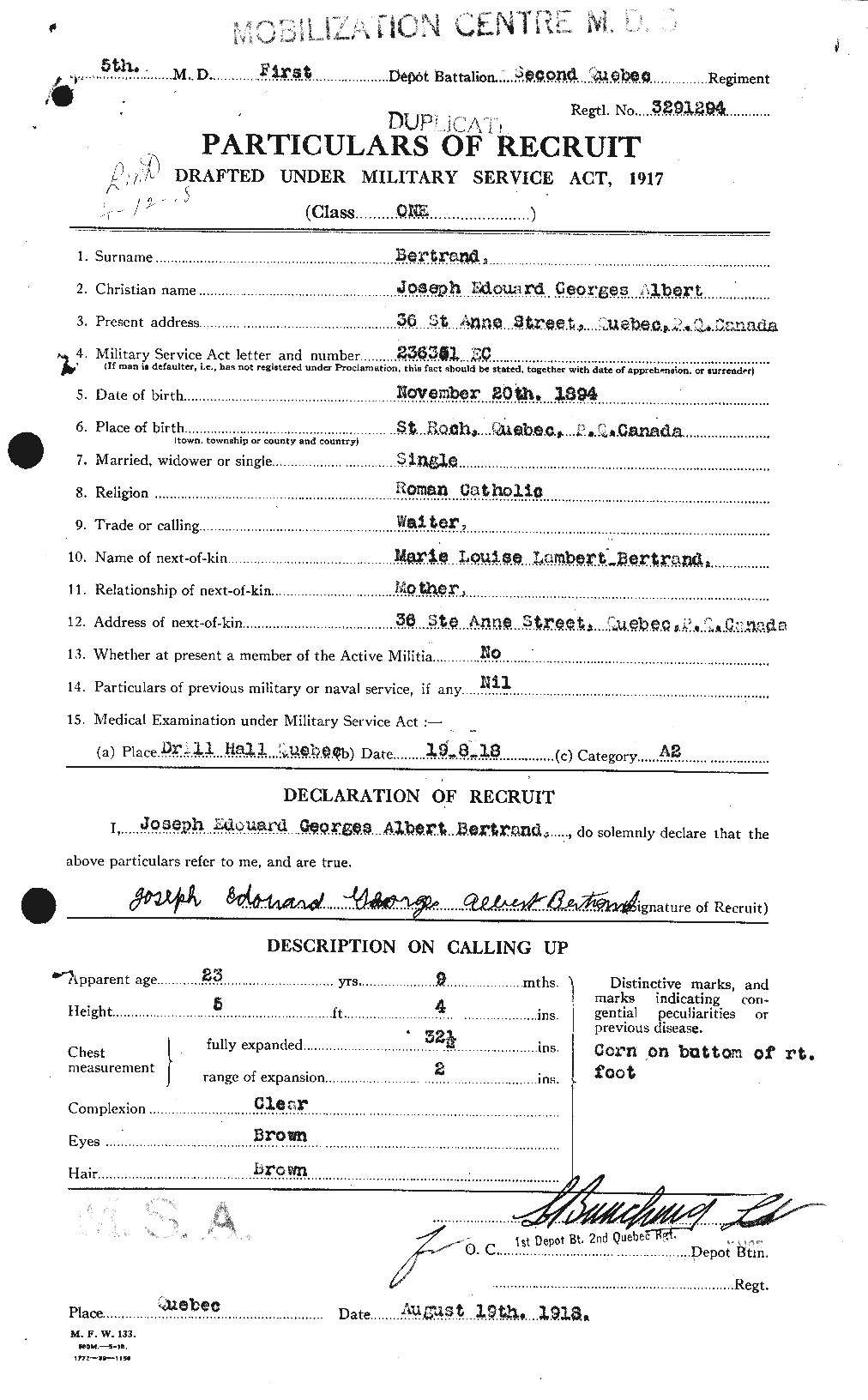 Dossiers du Personnel de la Première Guerre mondiale - CEC 238798a
