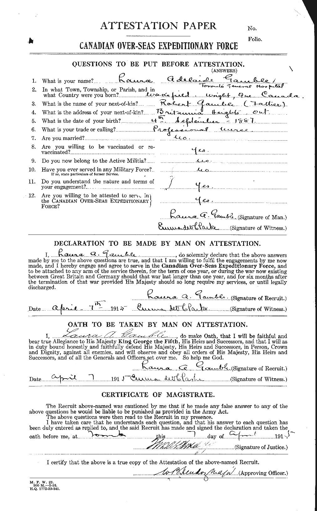 Dossiers du Personnel de la Première Guerre mondiale - CEC 238861a