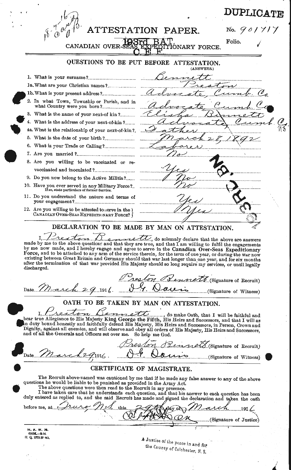 Dossiers du Personnel de la Première Guerre mondiale - CEC 238926a