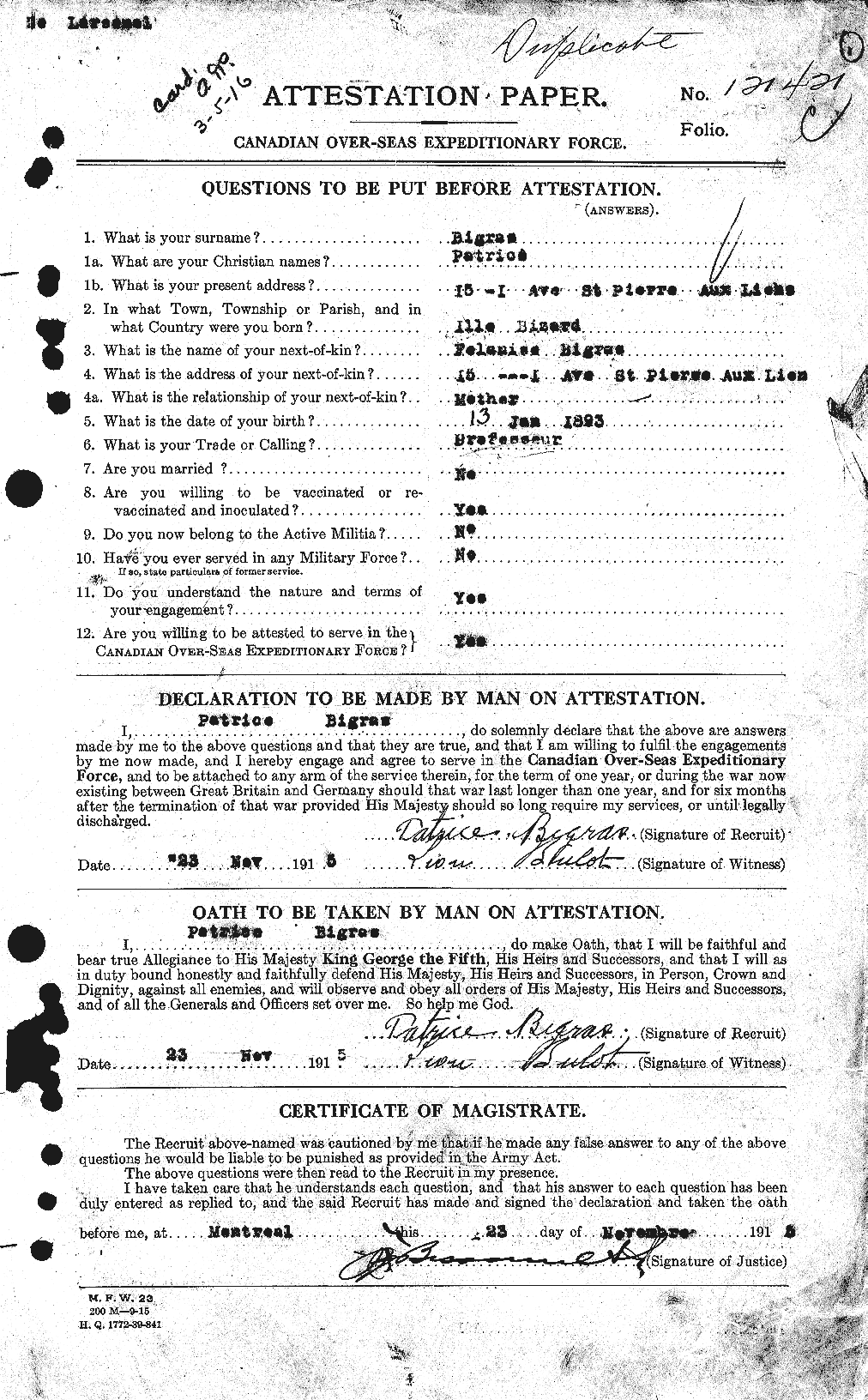 Dossiers du Personnel de la Première Guerre mondiale - CEC 239053a