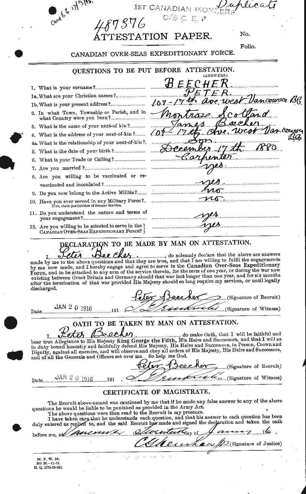 Dossiers du Personnel de la Première Guerre mondiale - CEC 239690a