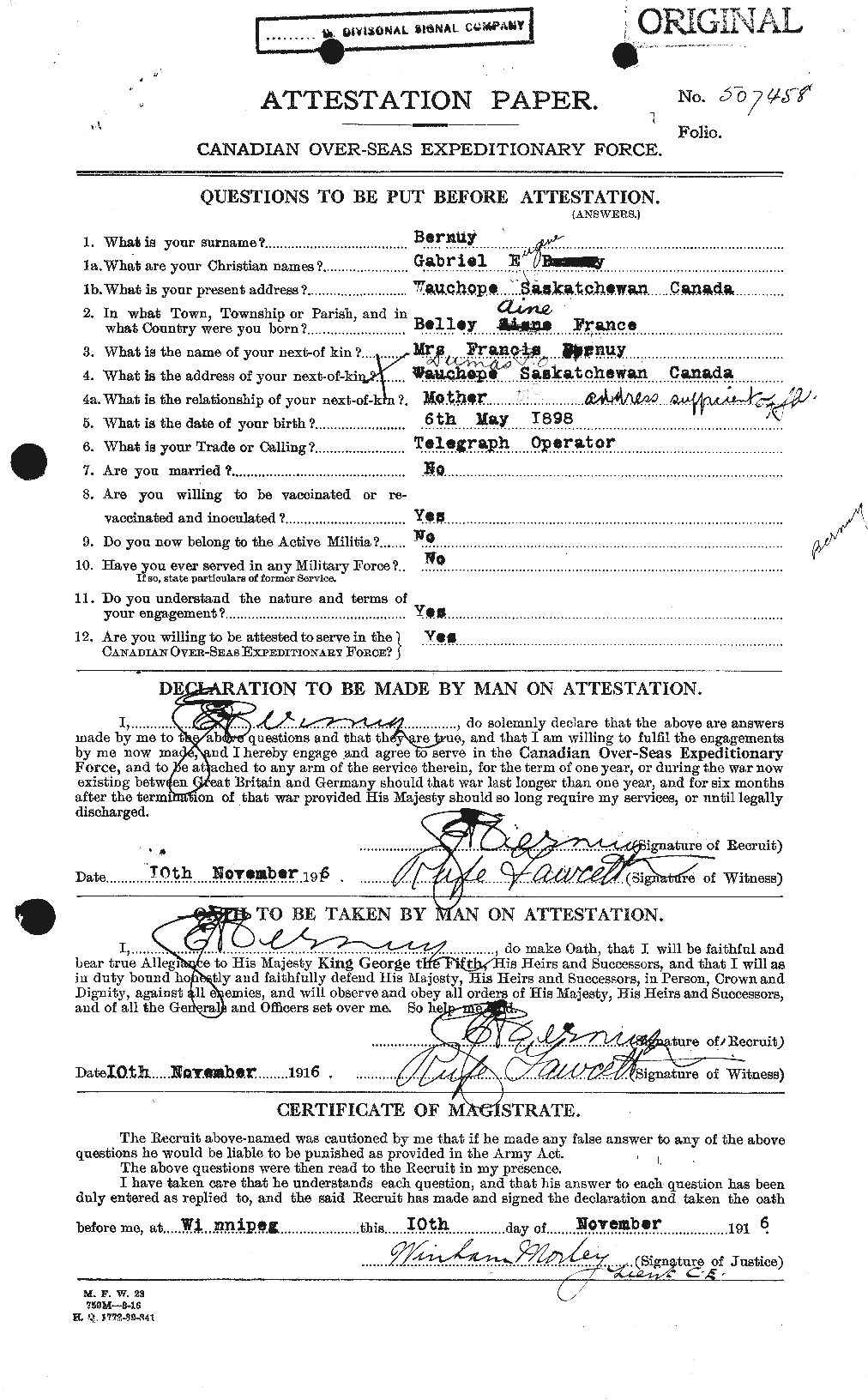 Dossiers du Personnel de la Première Guerre mondiale - CEC 239816a