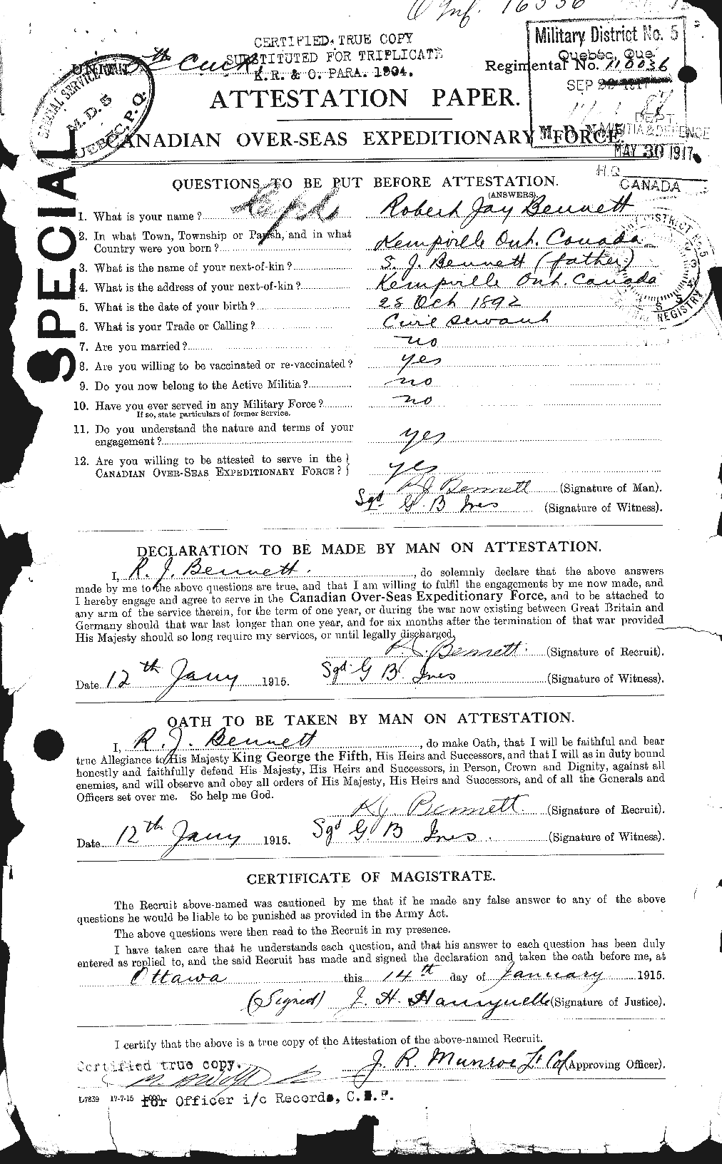 Dossiers du Personnel de la Première Guerre mondiale - CEC 239877a