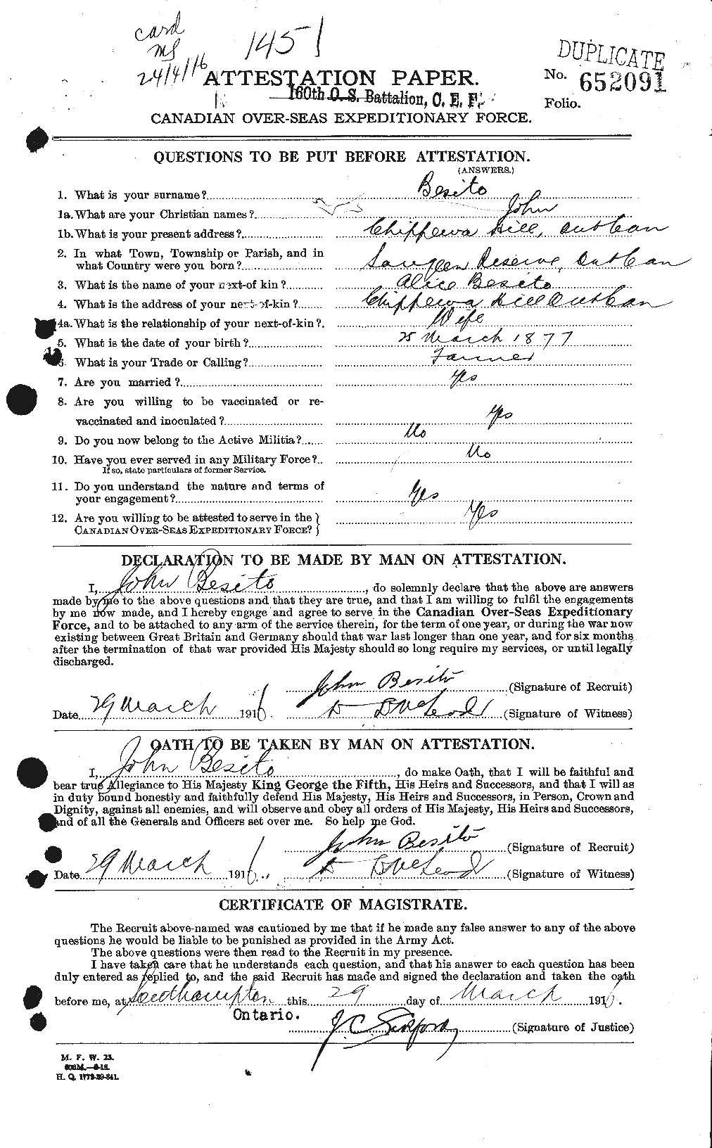 Dossiers du Personnel de la Première Guerre mondiale - CEC 240114a