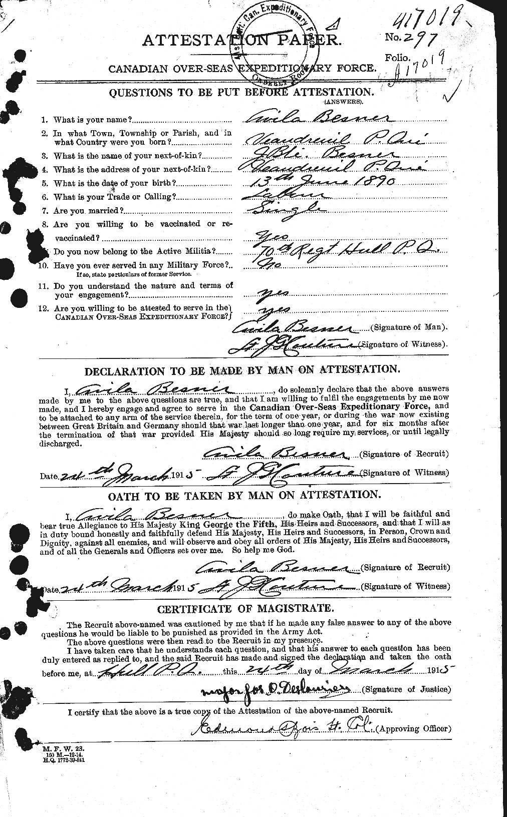 Dossiers du Personnel de la Première Guerre mondiale - CEC 240128a