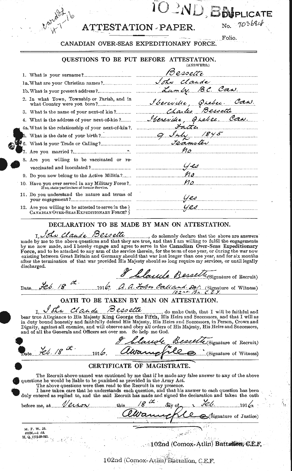 Dossiers du Personnel de la Première Guerre mondiale - CEC 240173a
