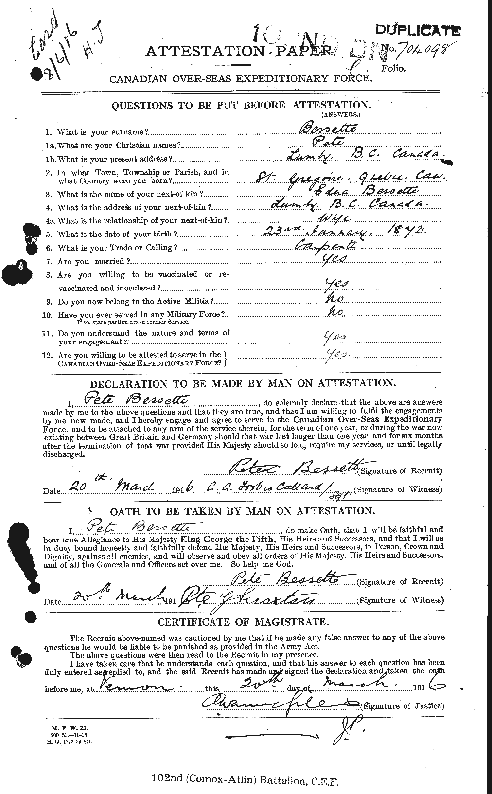 Dossiers du Personnel de la Première Guerre mondiale - CEC 240187a