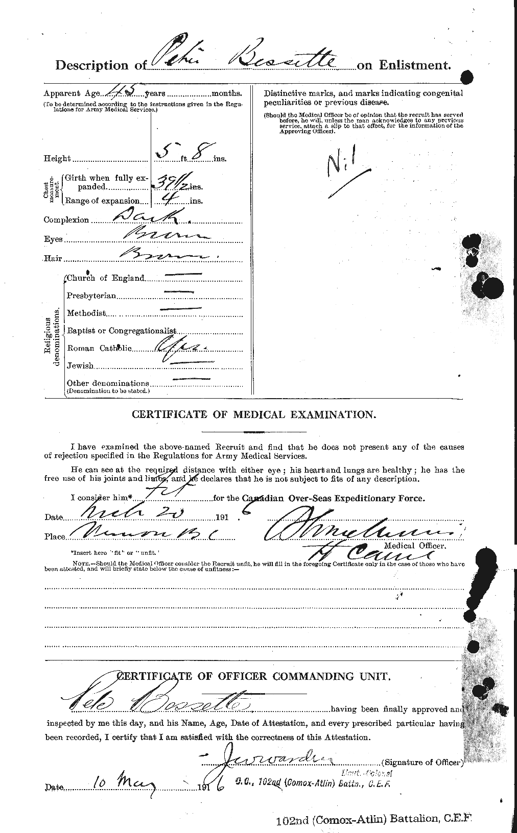 Dossiers du Personnel de la Première Guerre mondiale - CEC 240187b