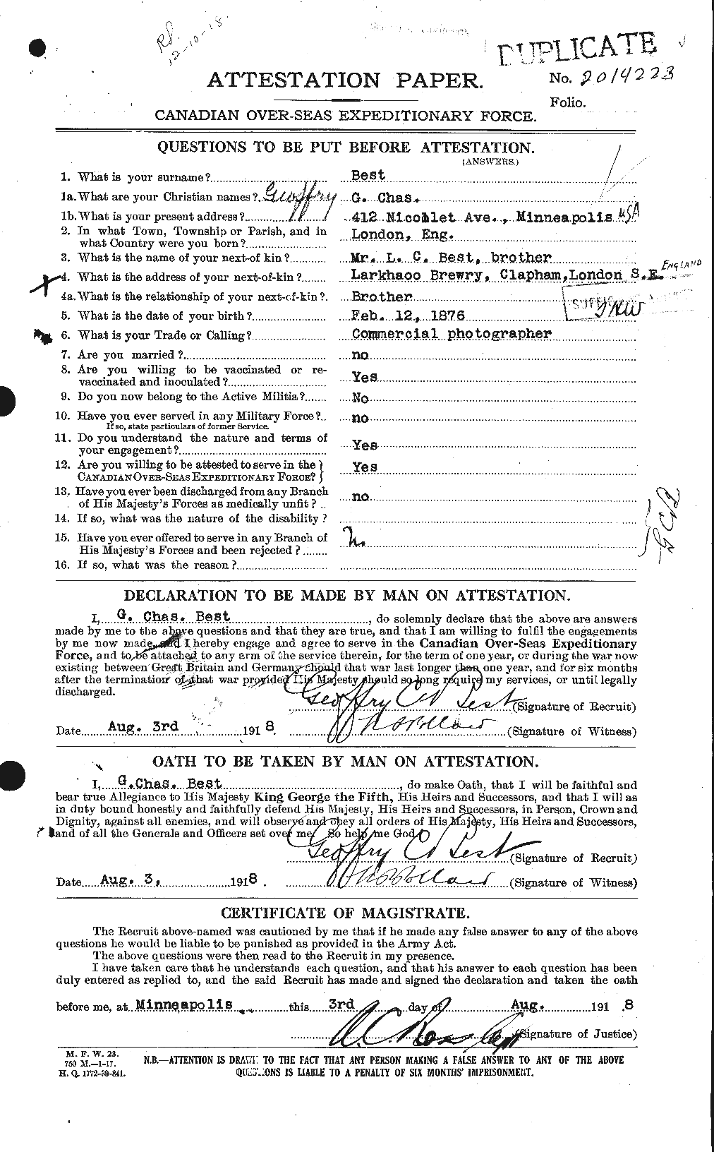 Dossiers du Personnel de la Première Guerre mondiale - CEC 240256a