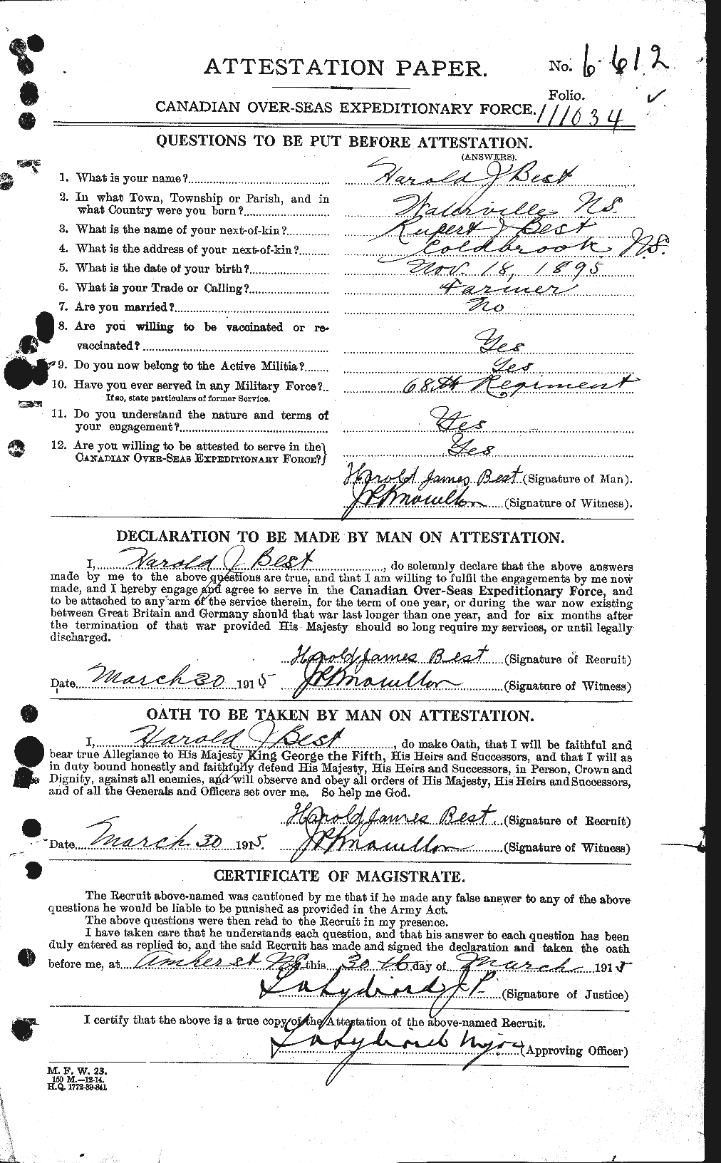 Dossiers du Personnel de la Première Guerre mondiale - CEC 240265a