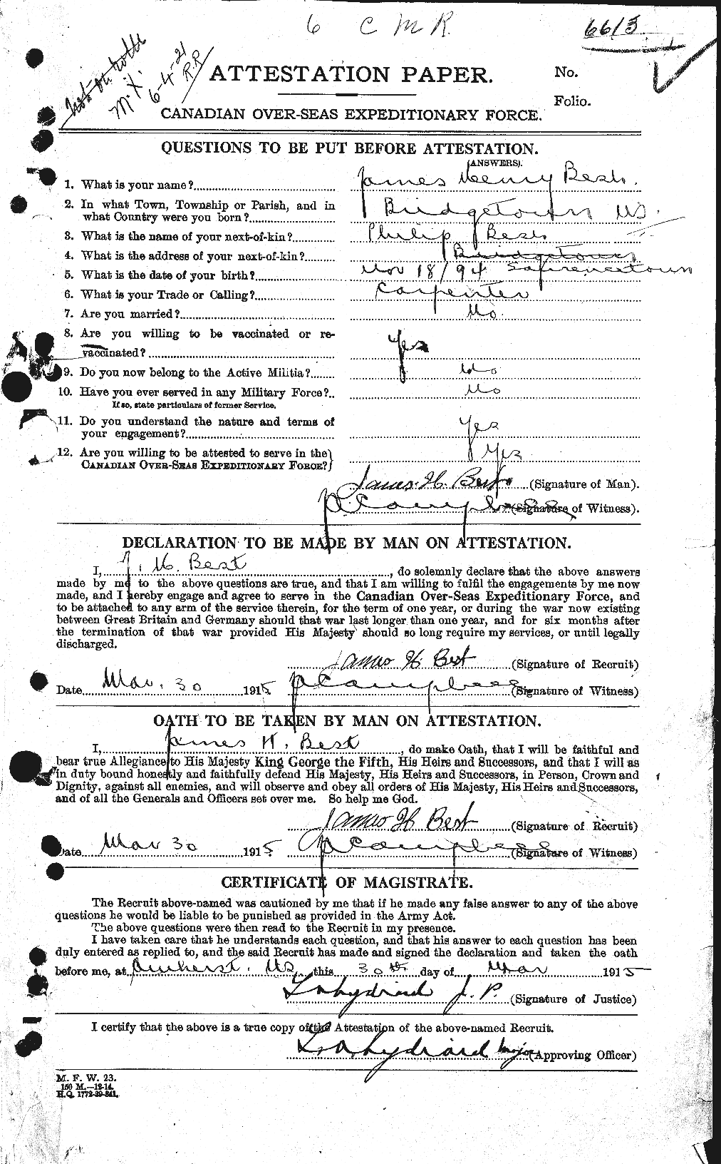 Dossiers du Personnel de la Première Guerre mondiale - CEC 240282a