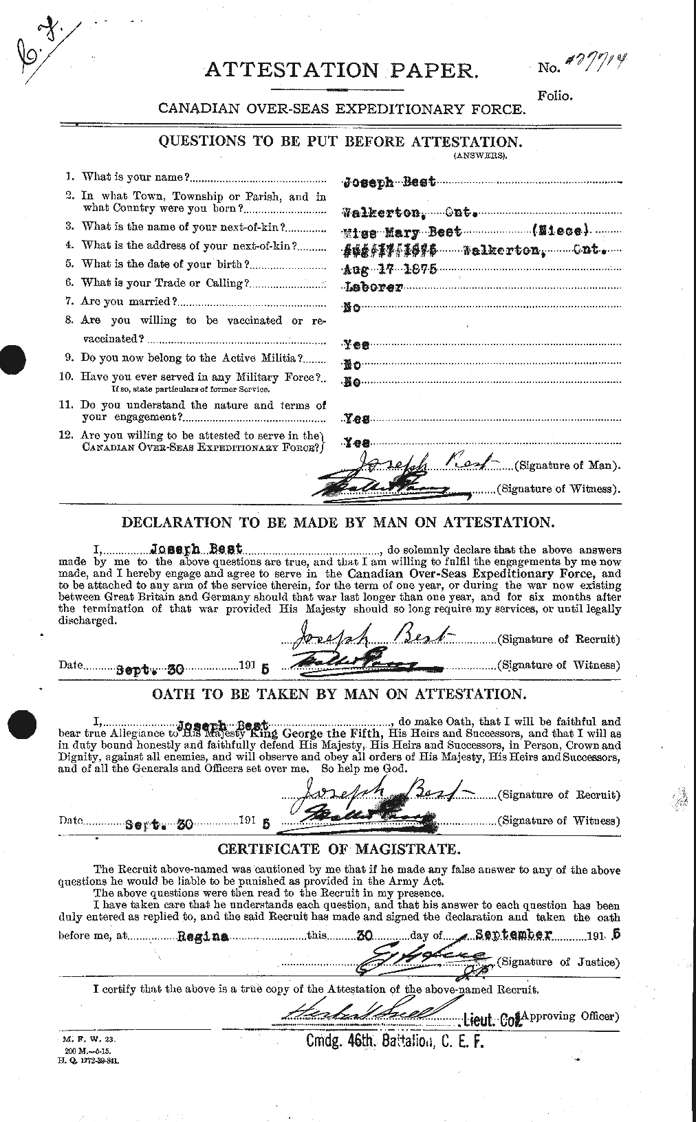 Dossiers du Personnel de la Première Guerre mondiale - CEC 240297a