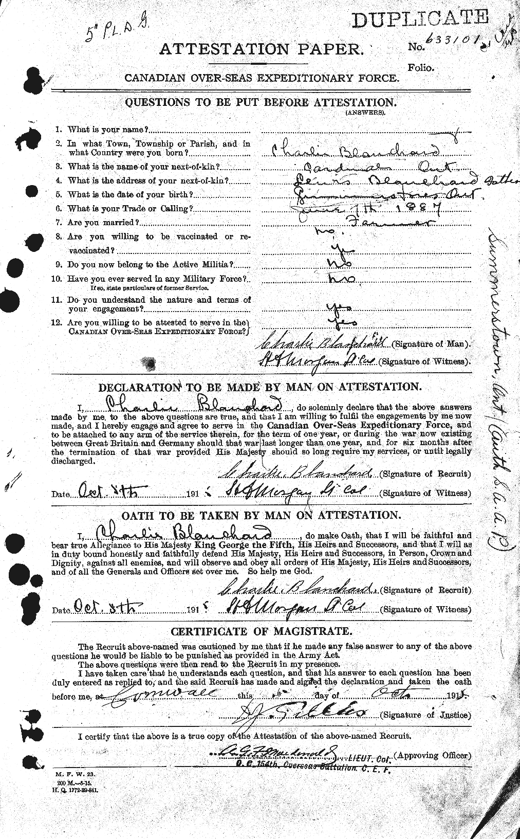 Dossiers du Personnel de la Première Guerre mondiale - CEC 240358a