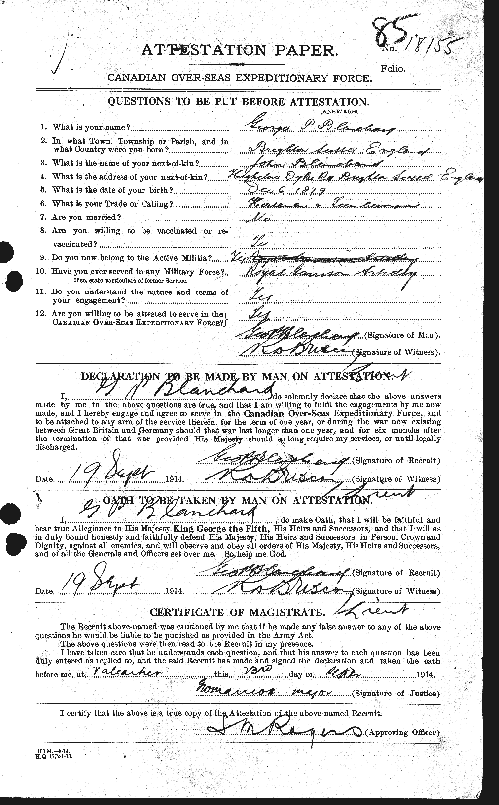 Dossiers du Personnel de la Première Guerre mondiale - CEC 240393a