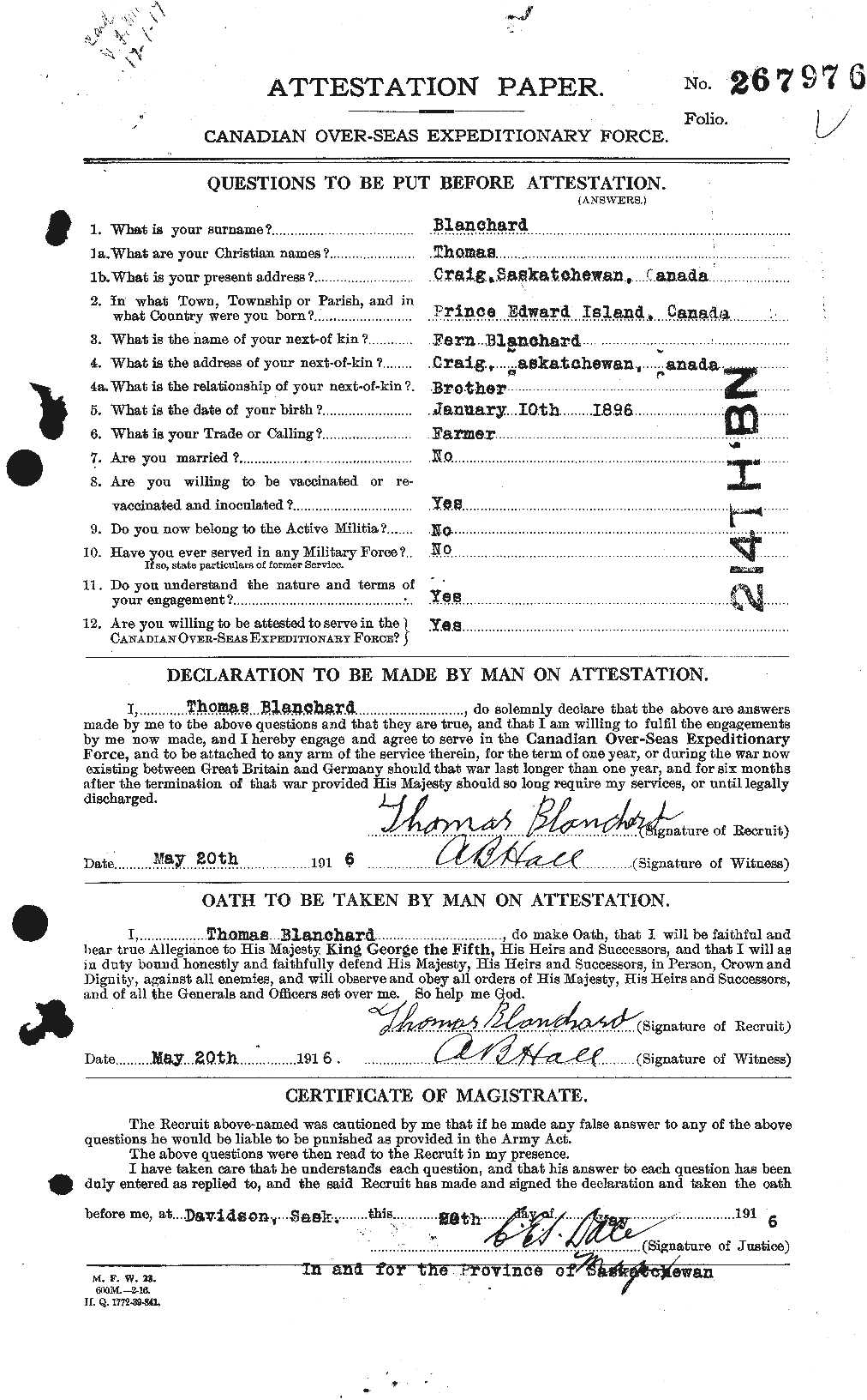 Dossiers du Personnel de la Première Guerre mondiale - CEC 240465a