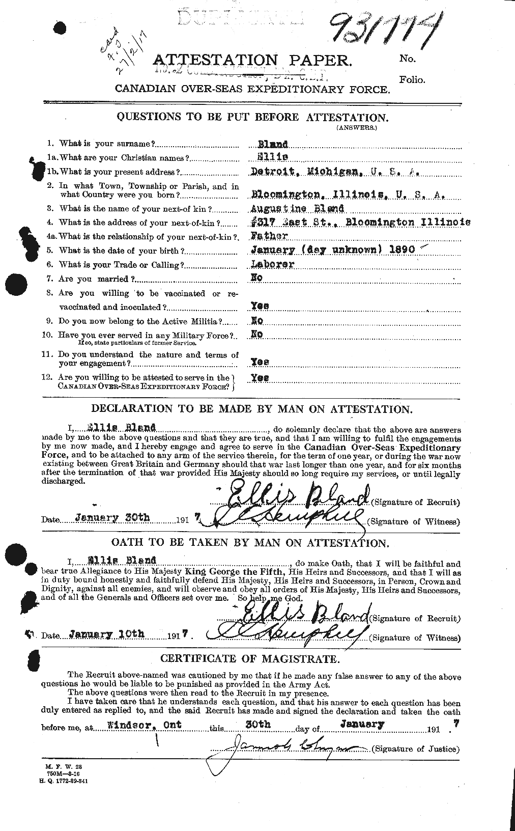 Dossiers du Personnel de la Première Guerre mondiale - CEC 240622a