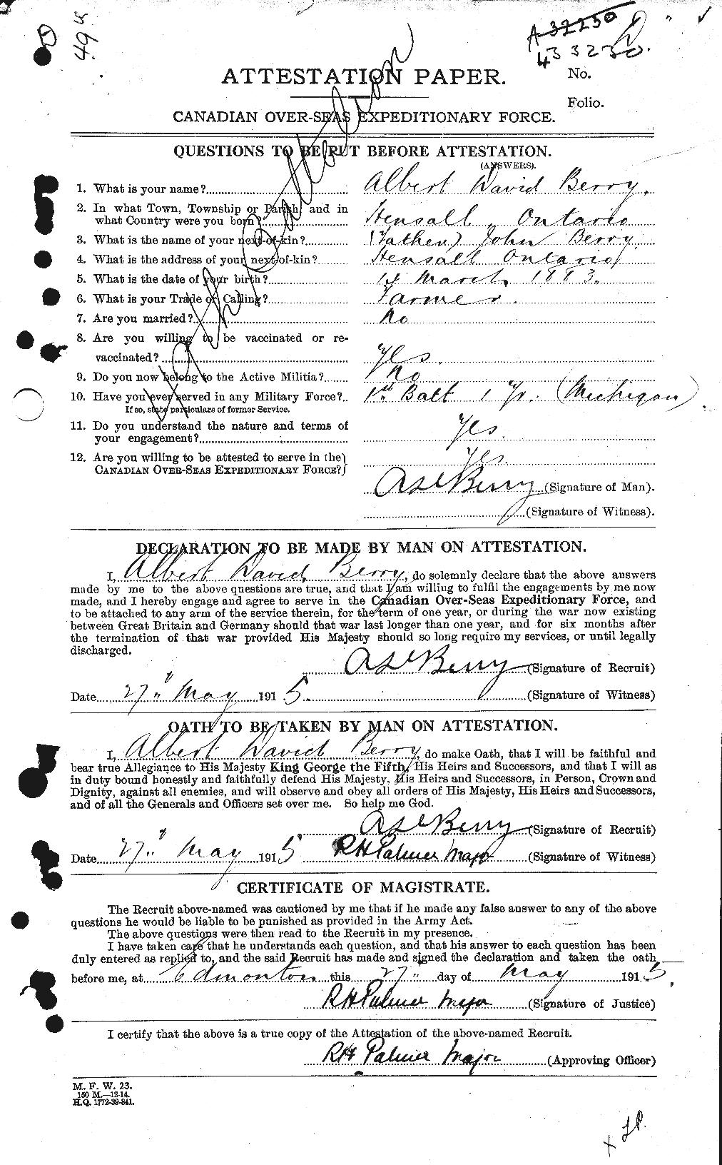 Dossiers du Personnel de la Première Guerre mondiale - CEC 240764a