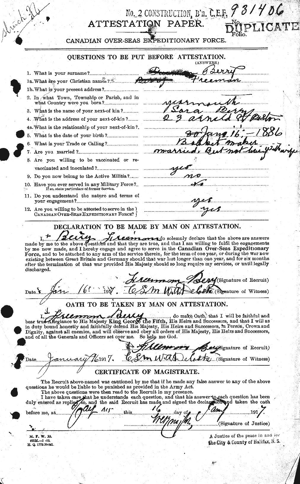 Dossiers du Personnel de la Première Guerre mondiale - CEC 240803a