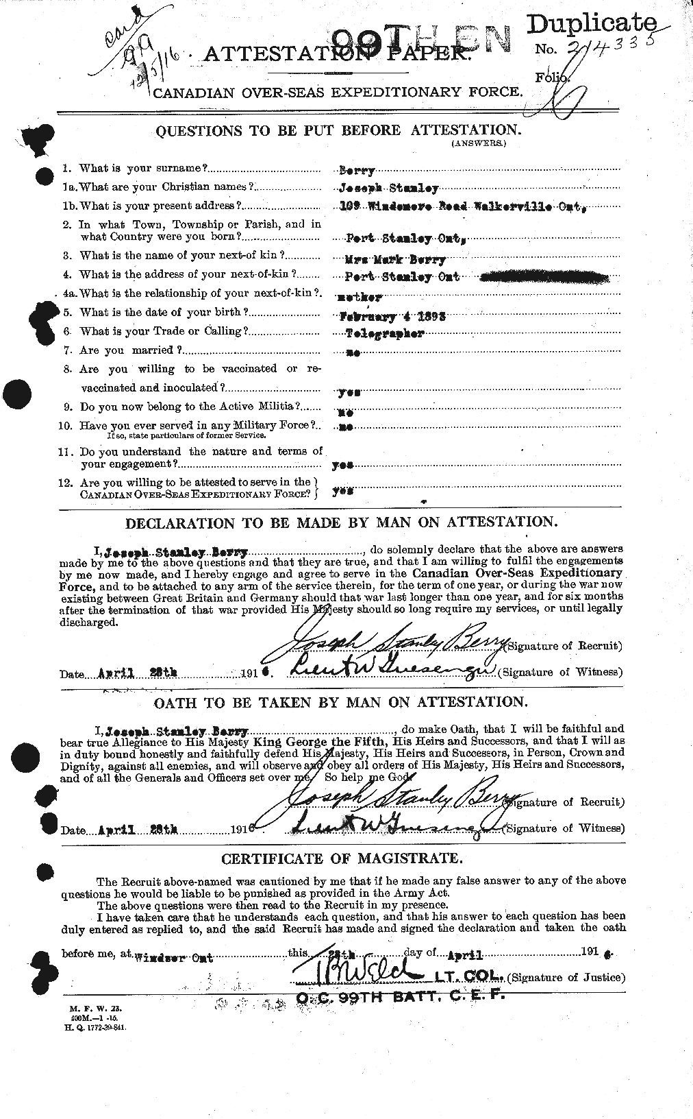 Dossiers du Personnel de la Première Guerre mondiale - CEC 240994a