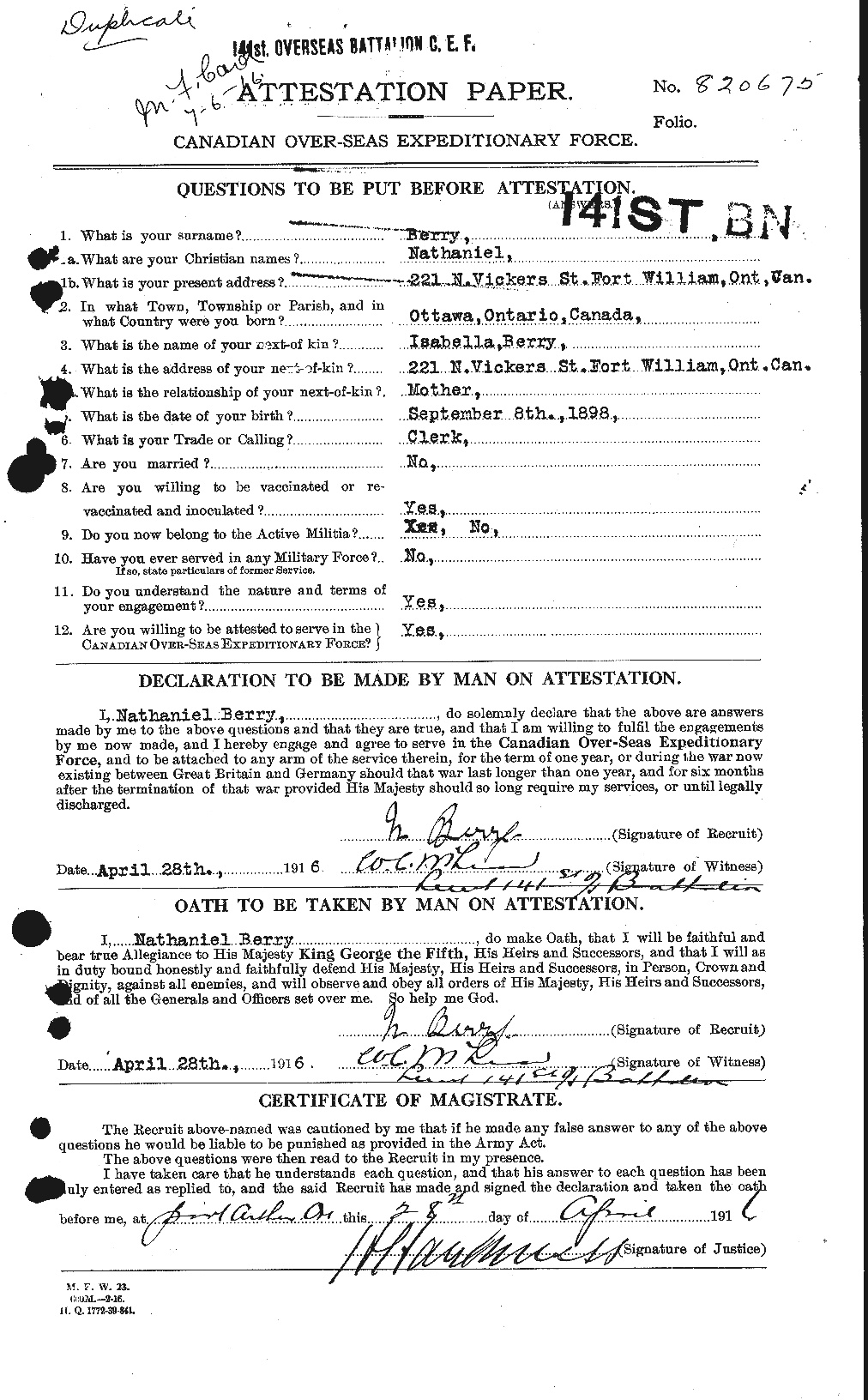 Personnel Records of the First World War - CEF 241007a