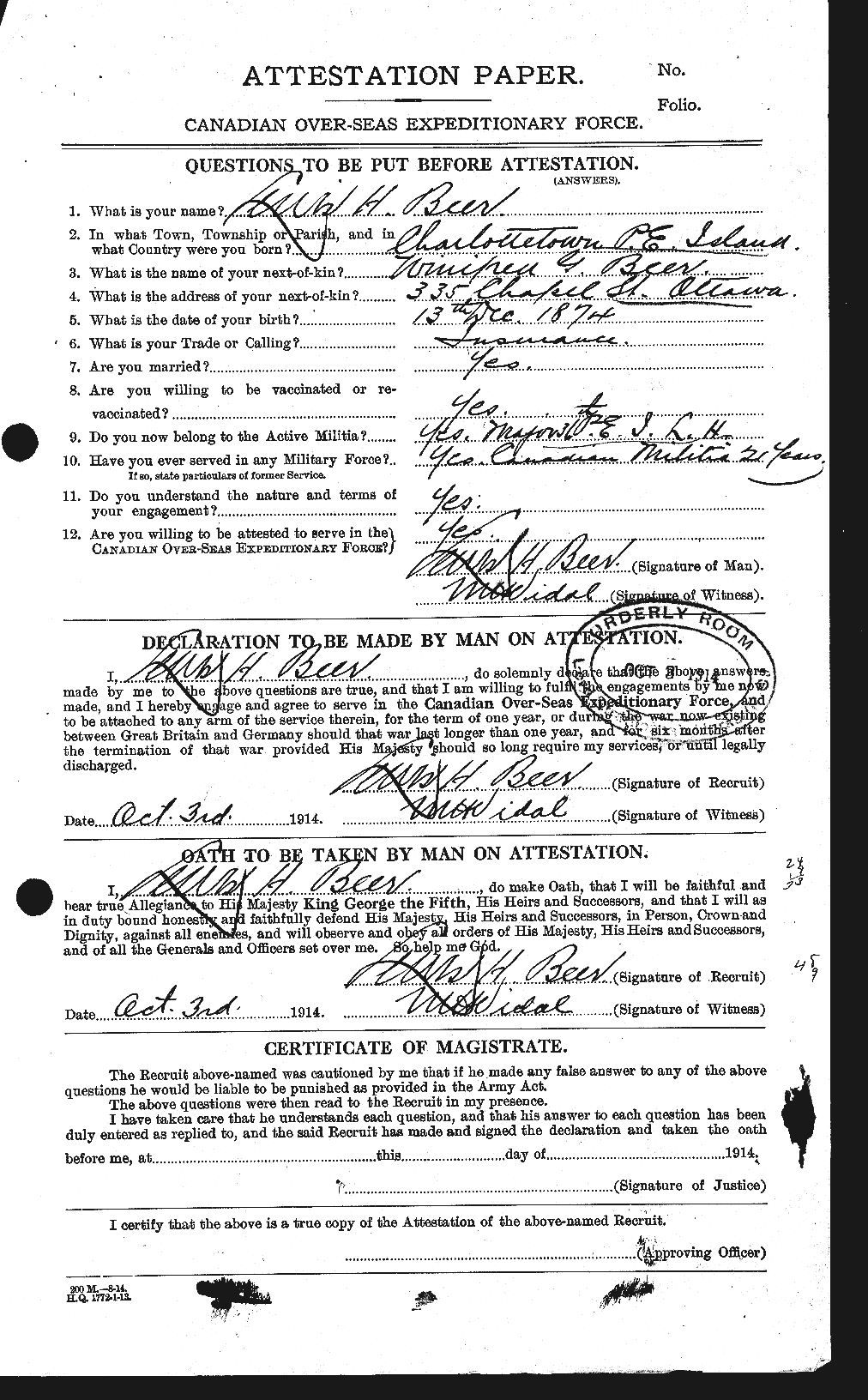 Dossiers du Personnel de la Première Guerre mondiale - CEC 241561a