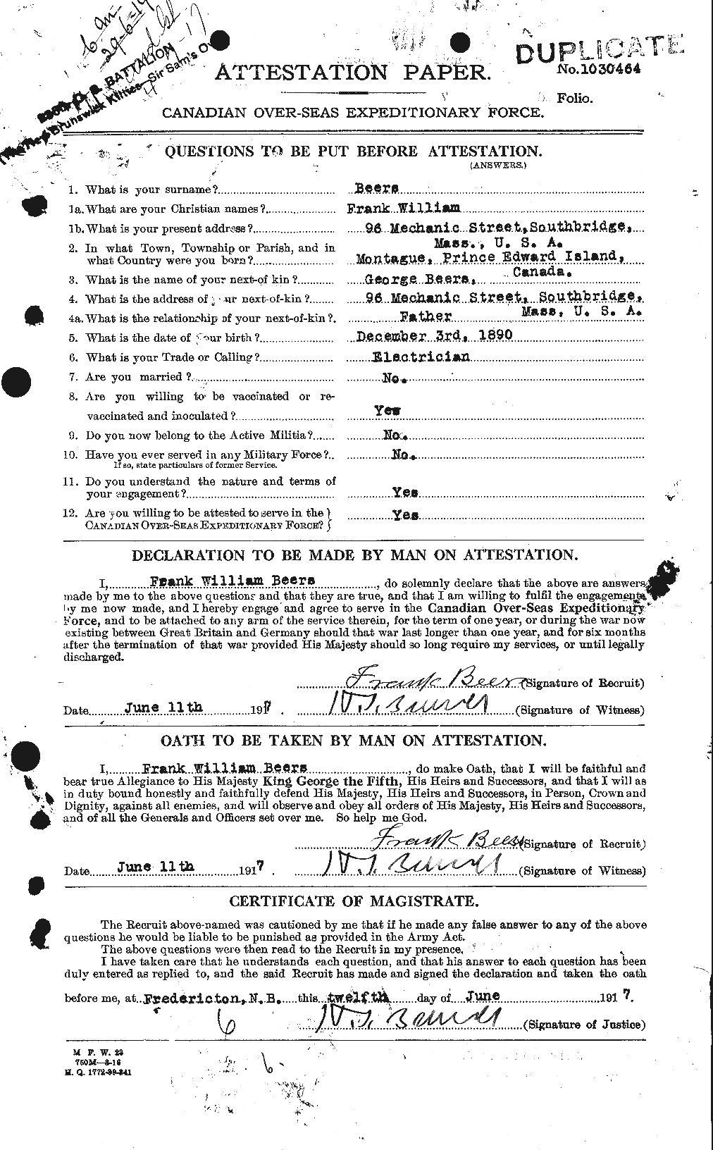 Dossiers du Personnel de la Première Guerre mondiale - CEC 241597a