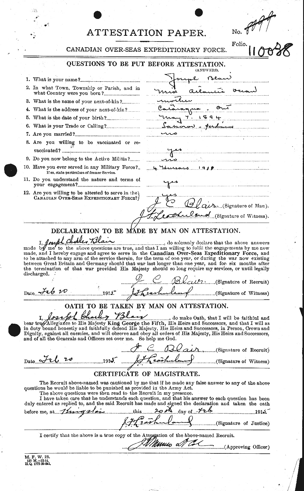 Dossiers du Personnel de la Première Guerre mondiale - CEC 243104a