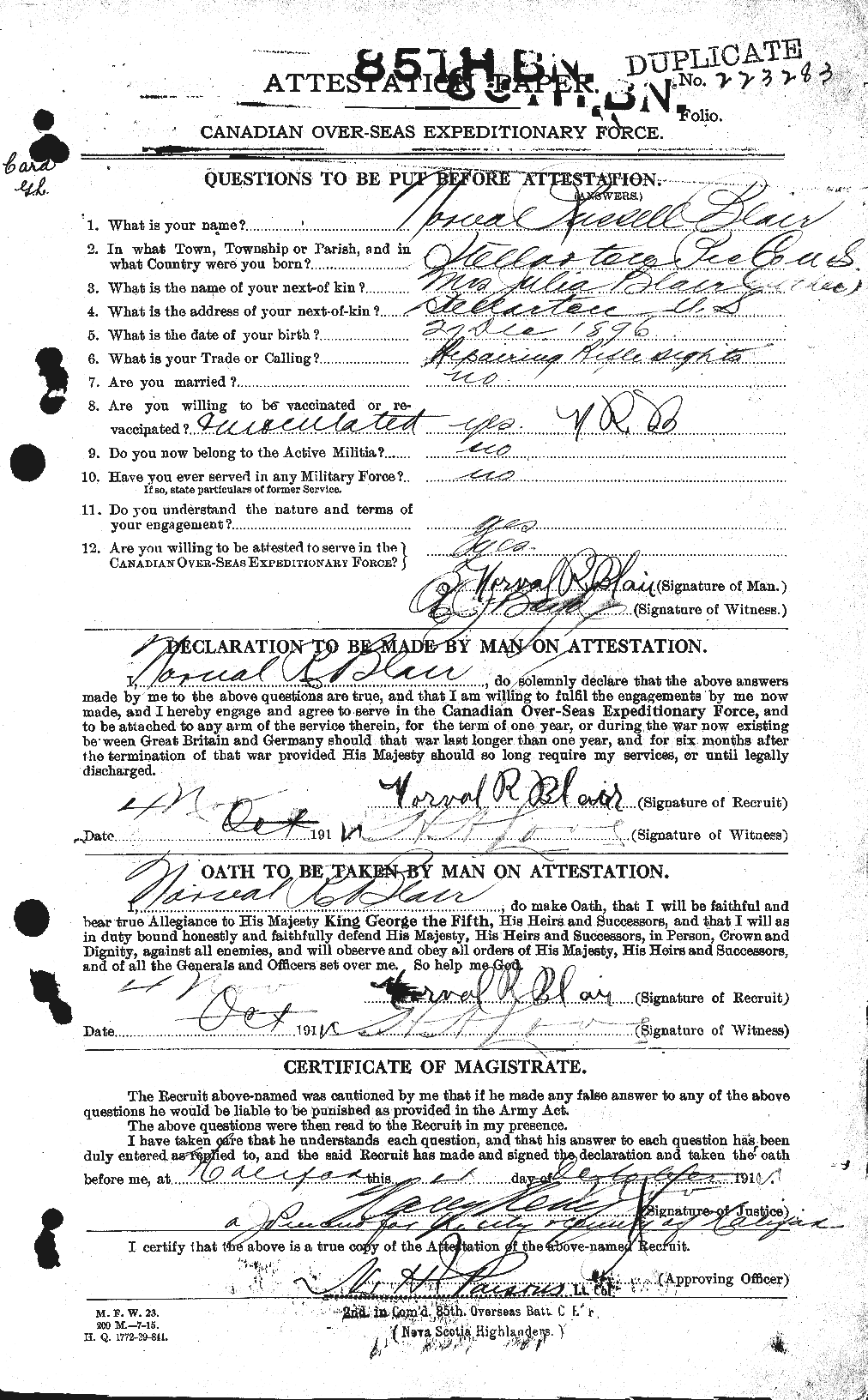 Dossiers du Personnel de la Première Guerre mondiale - CEC 243120a