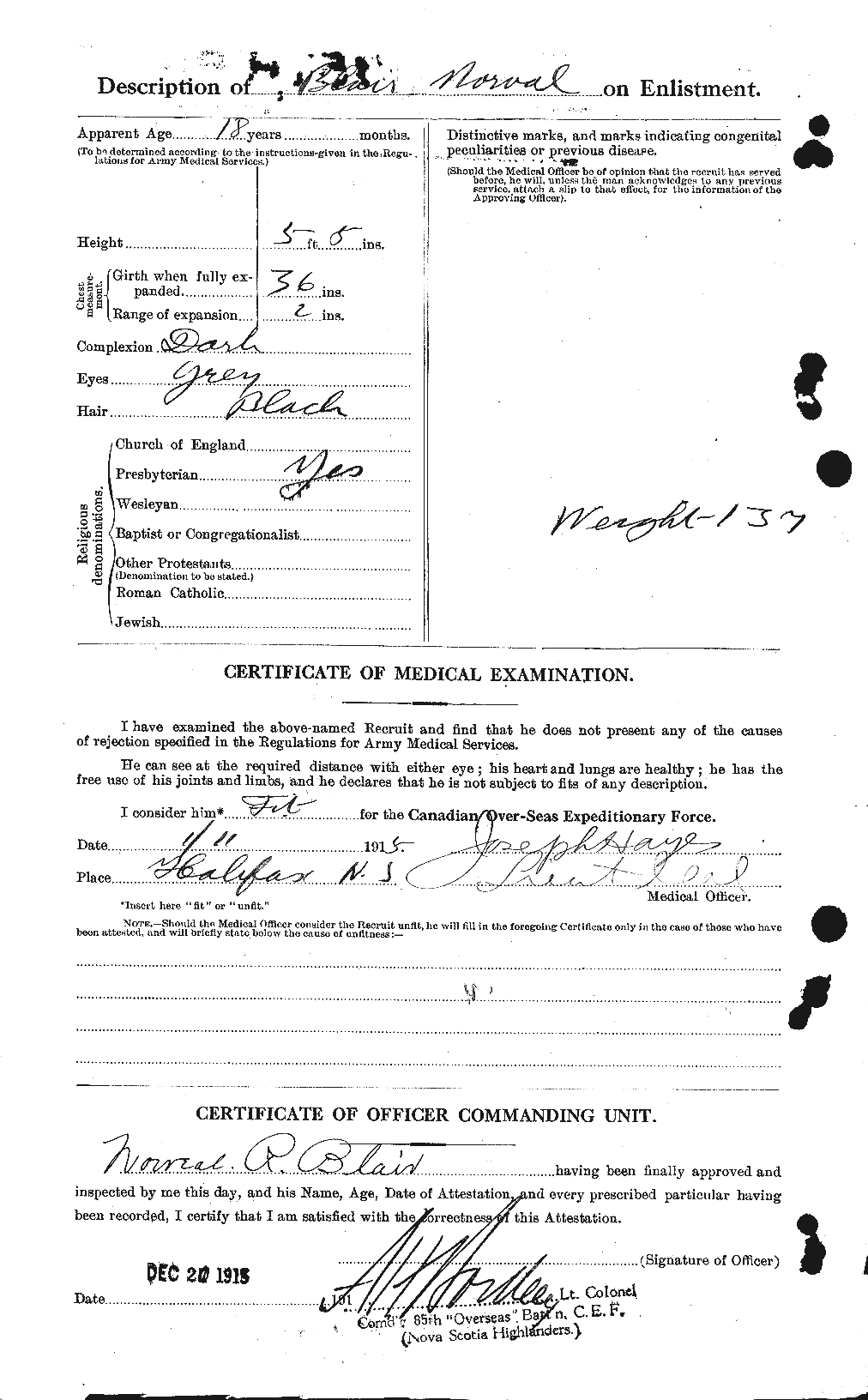 Dossiers du Personnel de la Première Guerre mondiale - CEC 243120b