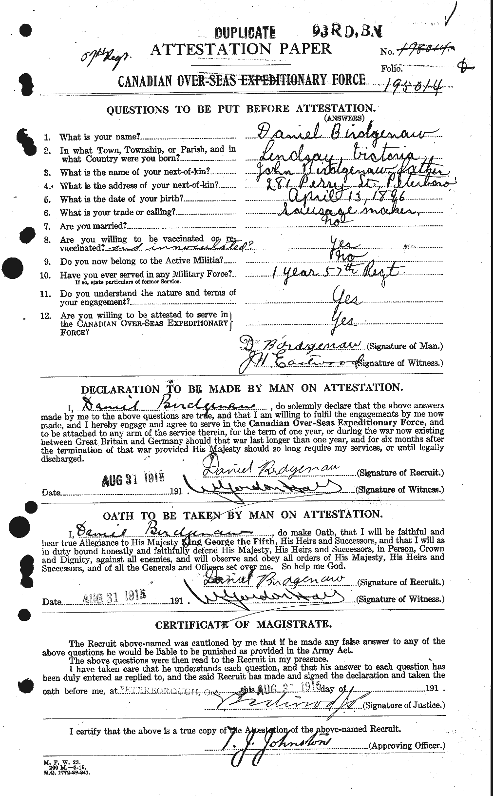 Dossiers du Personnel de la Première Guerre mondiale - CEC 243814a