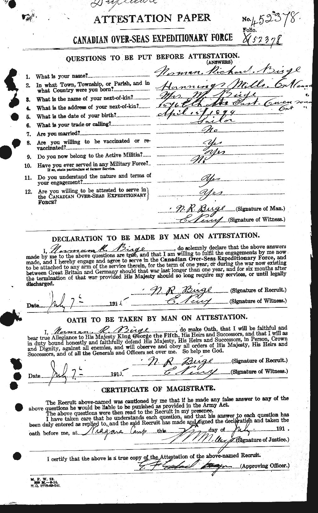 Dossiers du Personnel de la Première Guerre mondiale - CEC 243838a