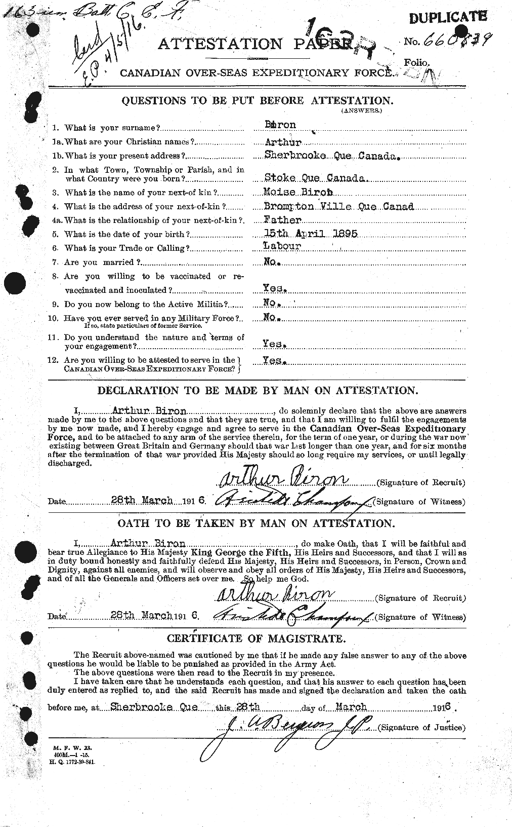 Dossiers du Personnel de la Première Guerre mondiale - CEC 243993a