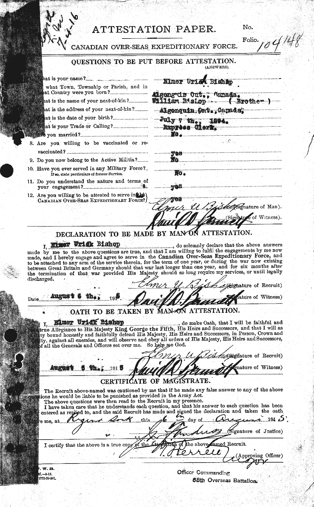 Personnel Records of the First World War - CEF 244233a