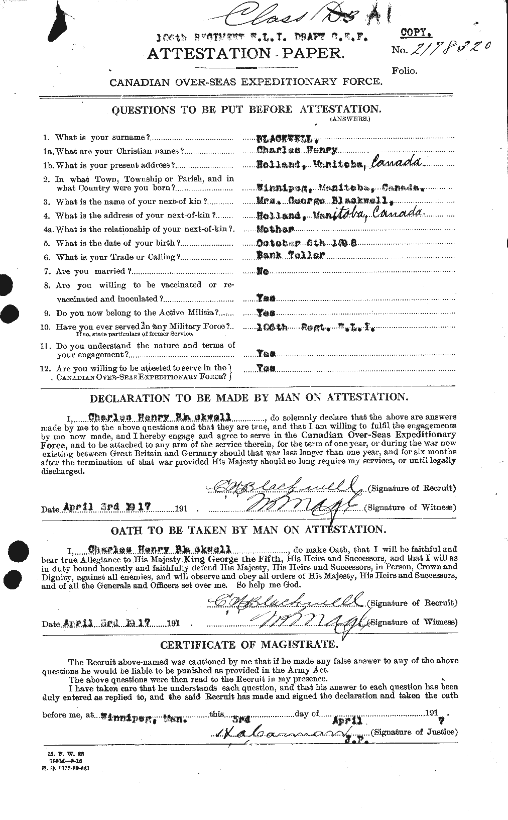 Dossiers du Personnel de la Première Guerre mondiale - CEC 244473a
