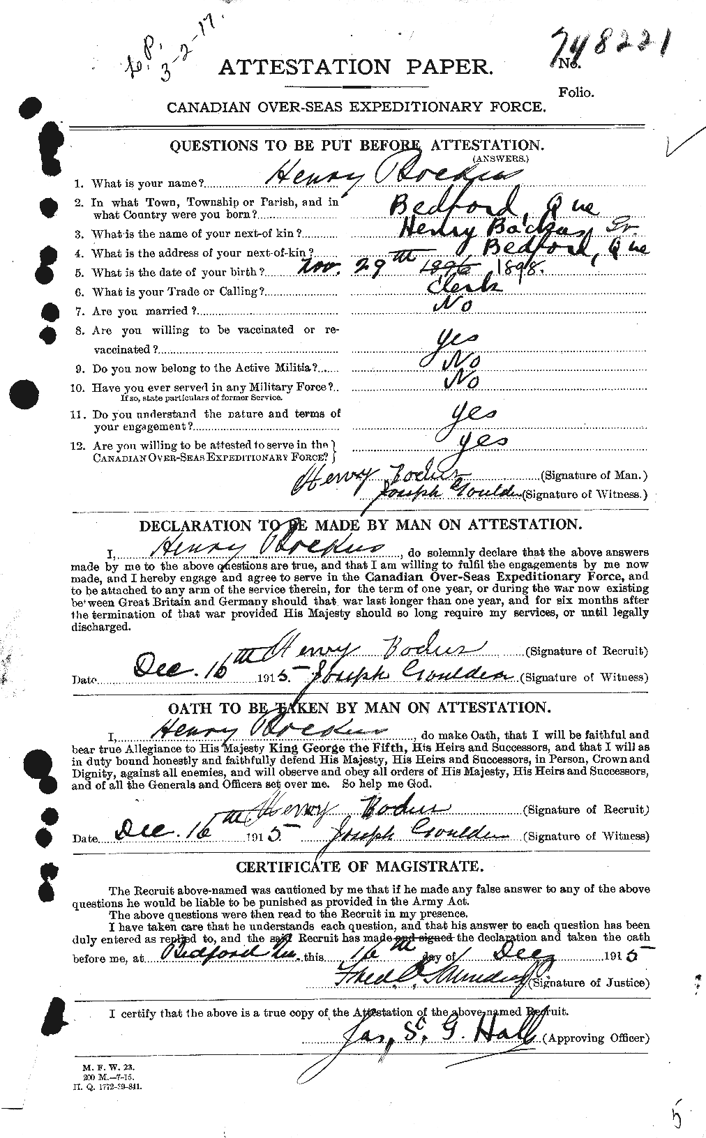 Dossiers du Personnel de la Première Guerre mondiale - CEC 245277a