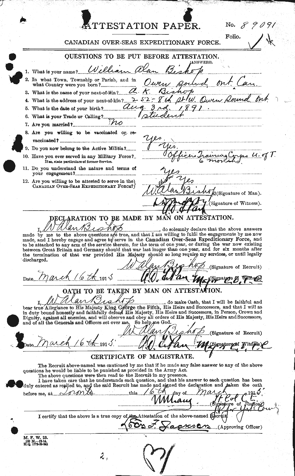 Dossiers du Personnel de la Première Guerre mondiale - CEC 245641a