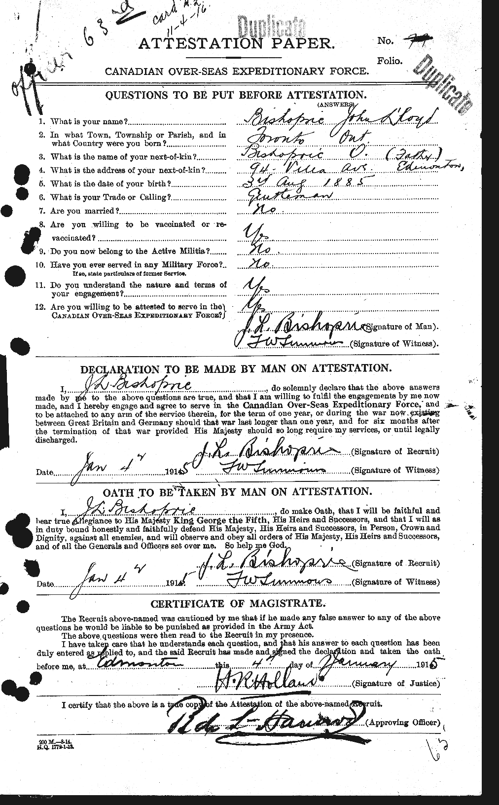 Dossiers du Personnel de la Première Guerre mondiale - CEC 245661a