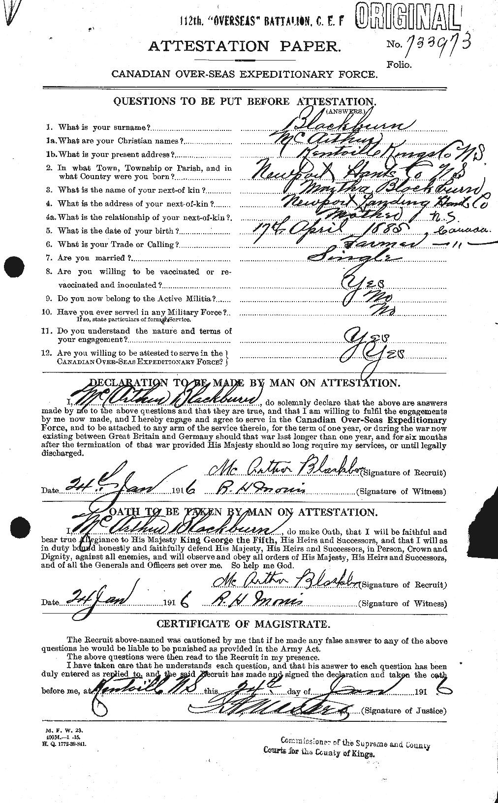 Dossiers du Personnel de la Première Guerre mondiale - CEC 246401a