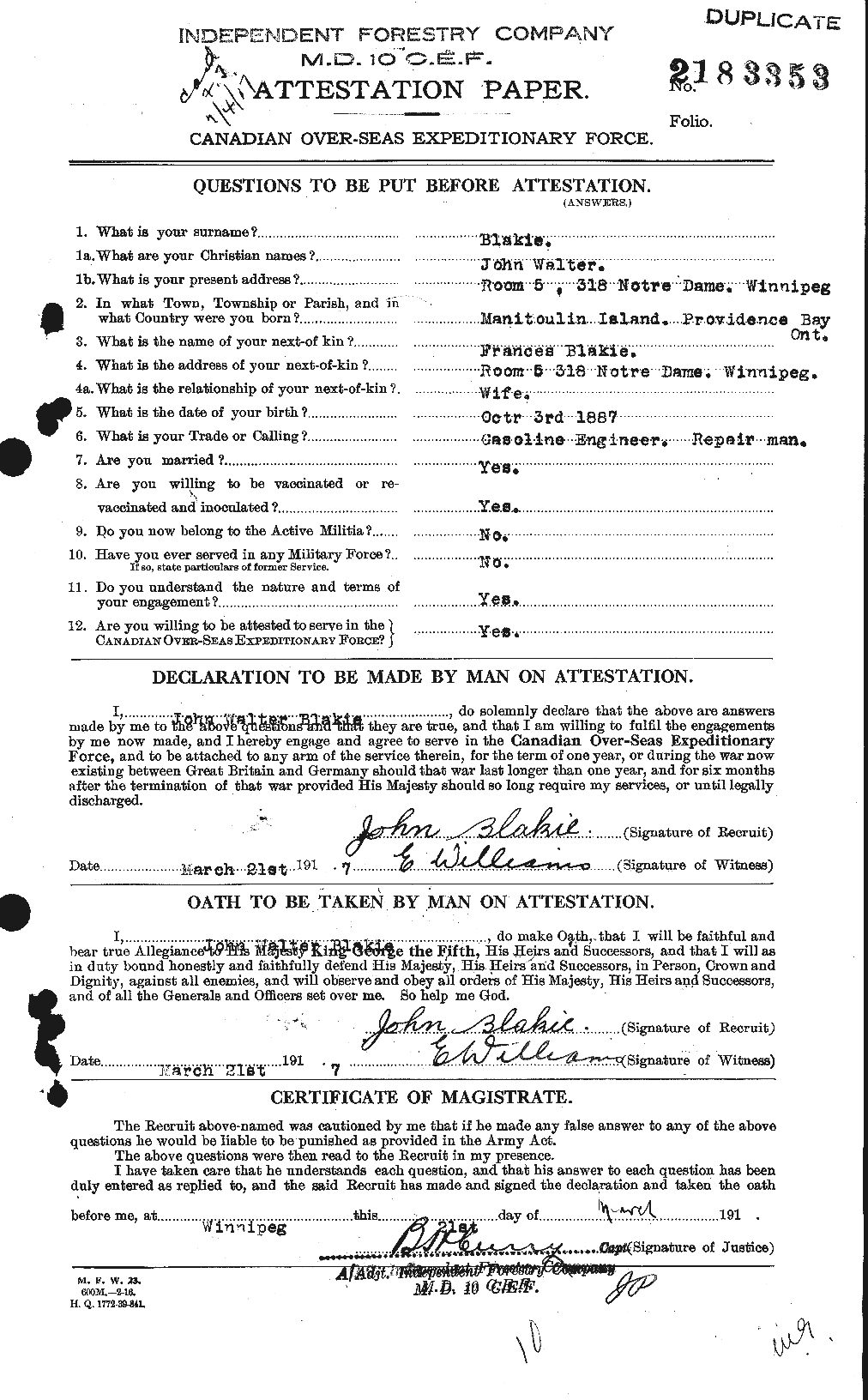 Dossiers du Personnel de la Première Guerre mondiale - CEC 246773a