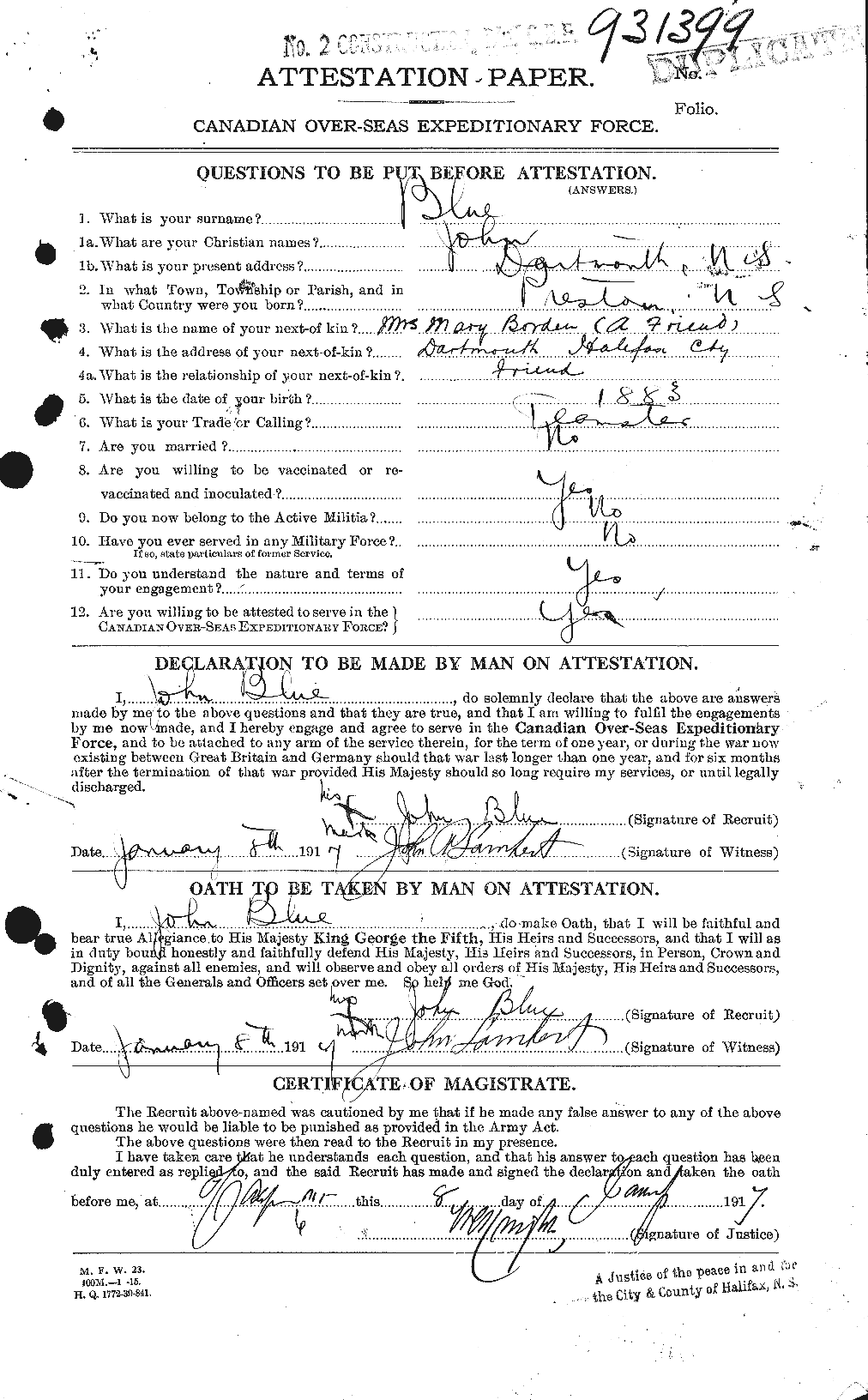 Dossiers du Personnel de la Première Guerre mondiale - CEC 247141a