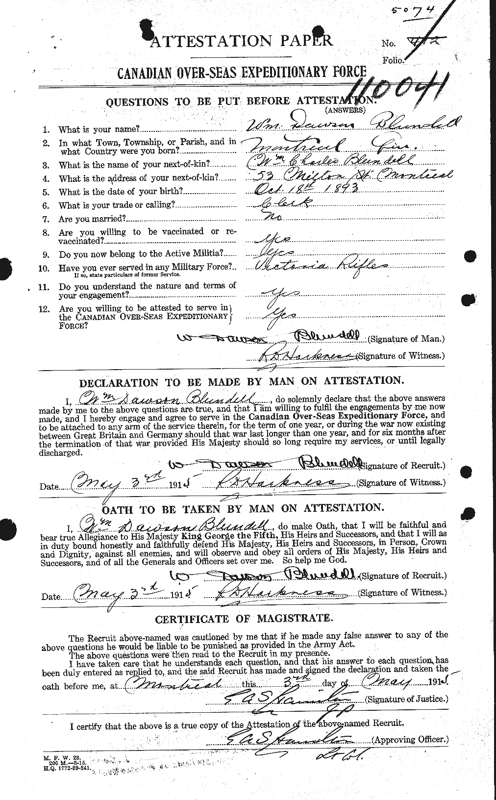 Dossiers du Personnel de la Première Guerre mondiale - CEC 247210a