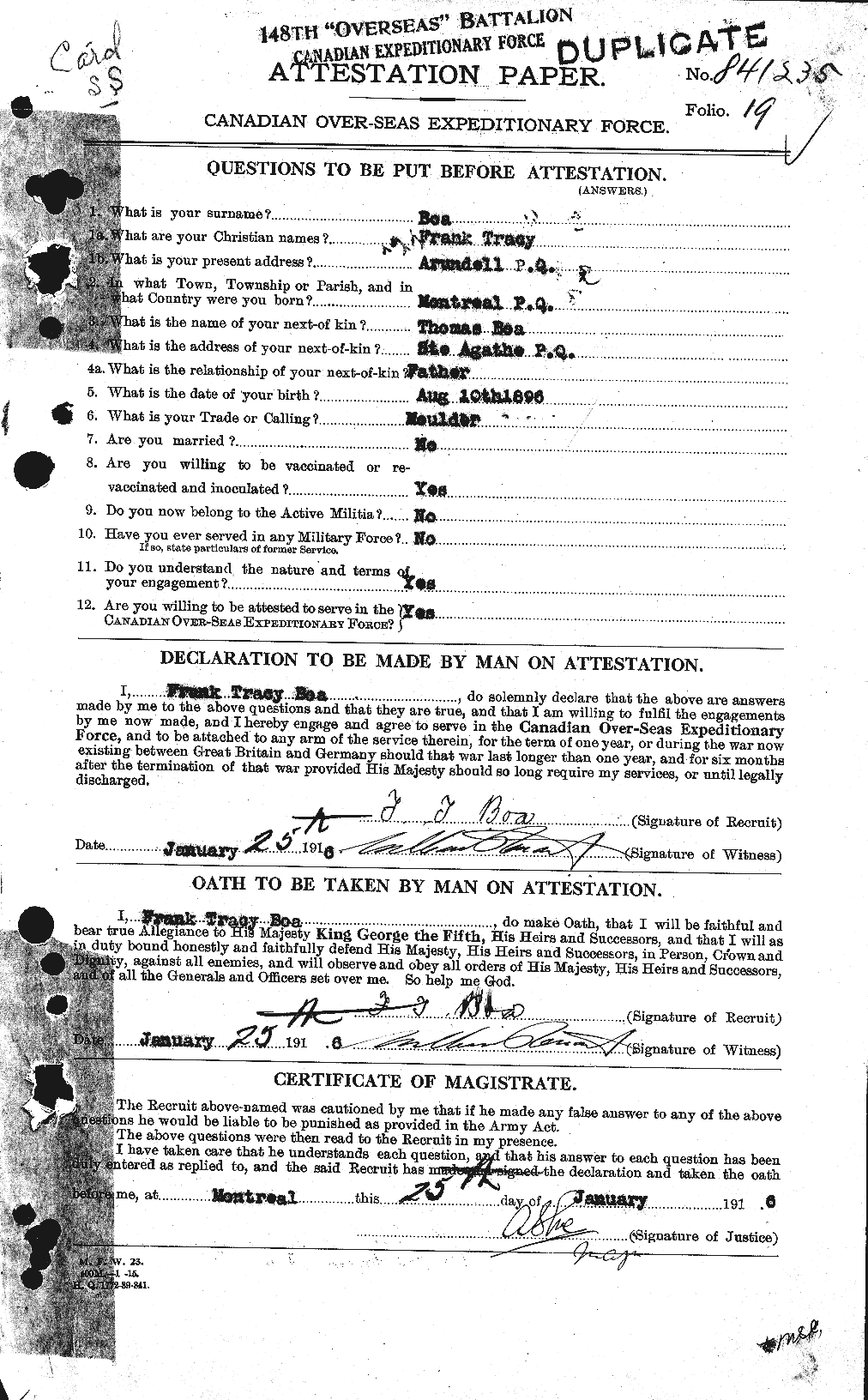 Dossiers du Personnel de la Première Guerre mondiale - CEC 247354a
